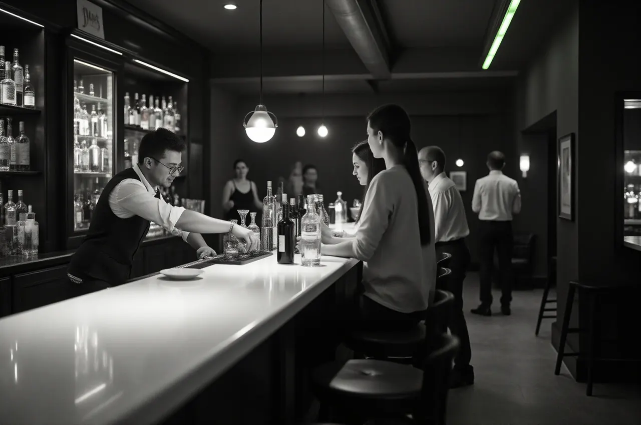 Barman w kamizelce przygotowuje koktajle za długim barem z podświetlonymi butelkami, w tle rozmawiający goście