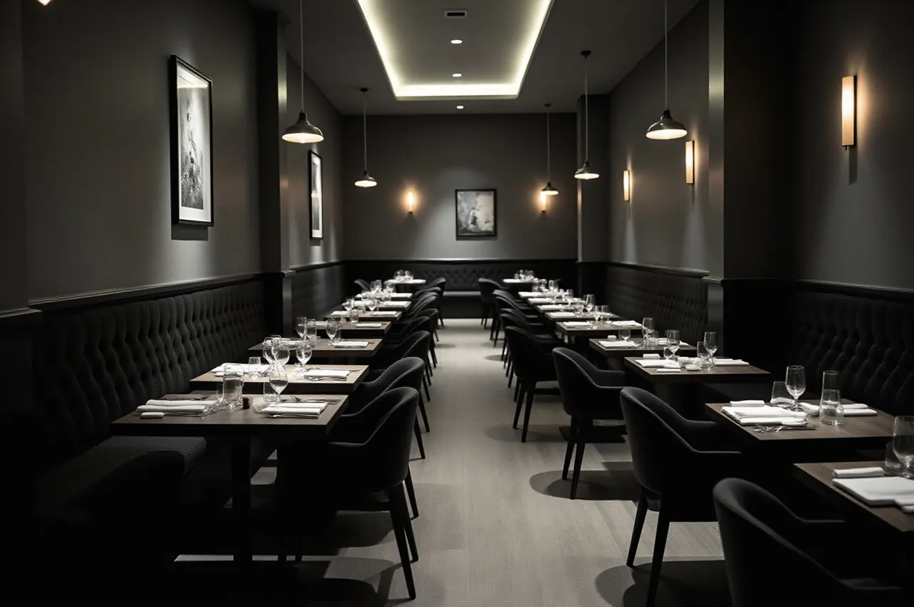 Pusta sala restauracyjna Nokturn Lounge przed otwarciem, nakryte stoliki w czarno-białej, kinowej scenerii