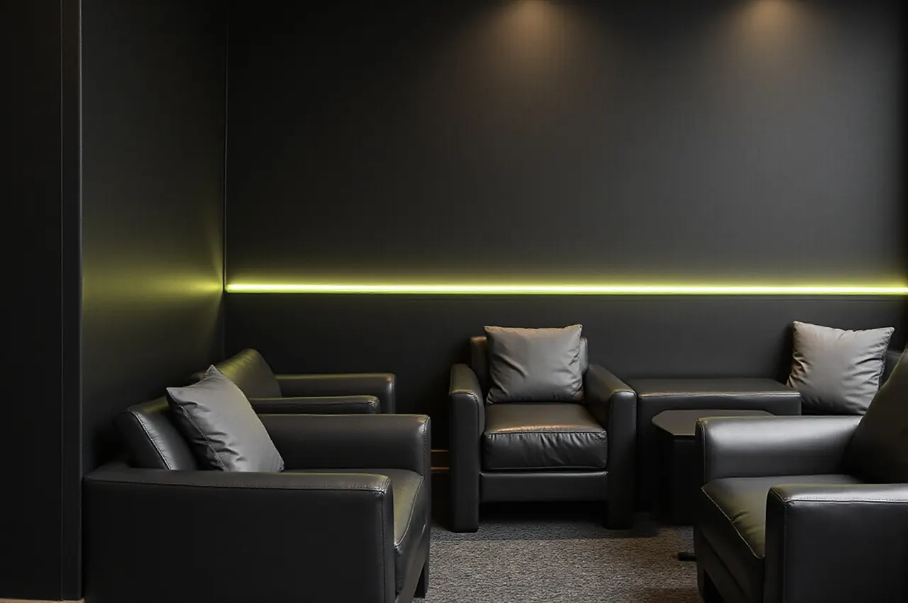 Przytulny zakątek lounge ze skórzanymi fotelami i niskim stolikiem w przyciemnionym, czarno-białym świetle