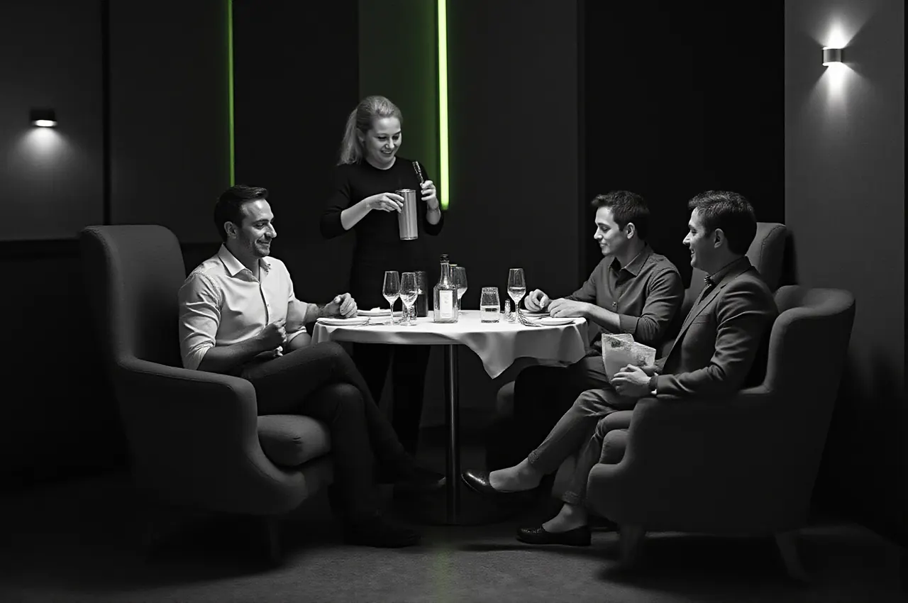 Goście odpoczywający w głębokich fotelach w lounge’u po kolacji, kelner podaje drinki